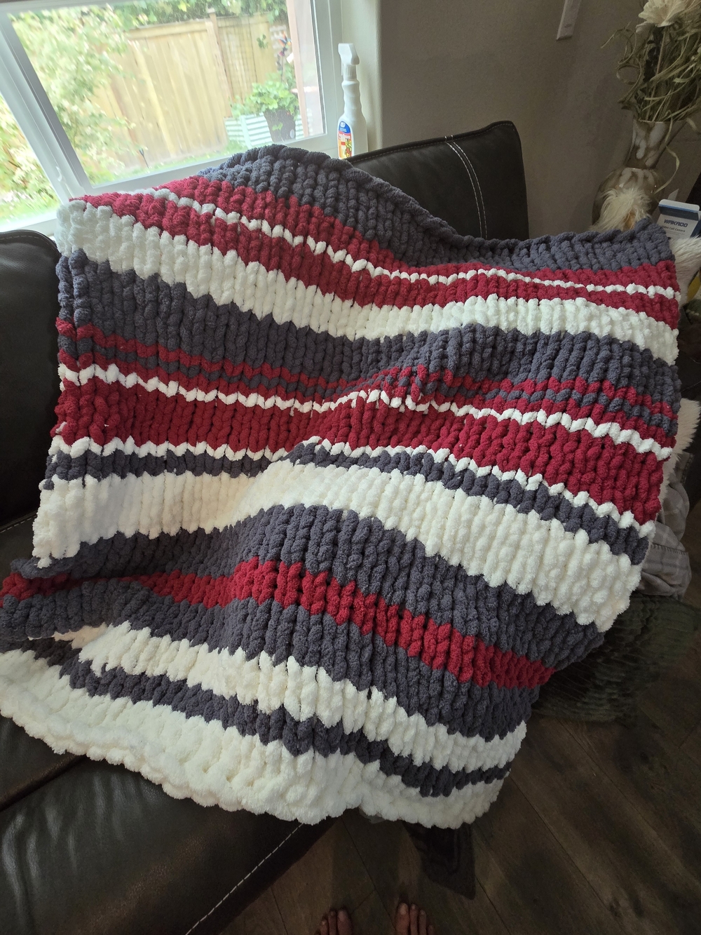 Hand Made Chunky Striped Knit Throw Blanket - Red, Gray & White